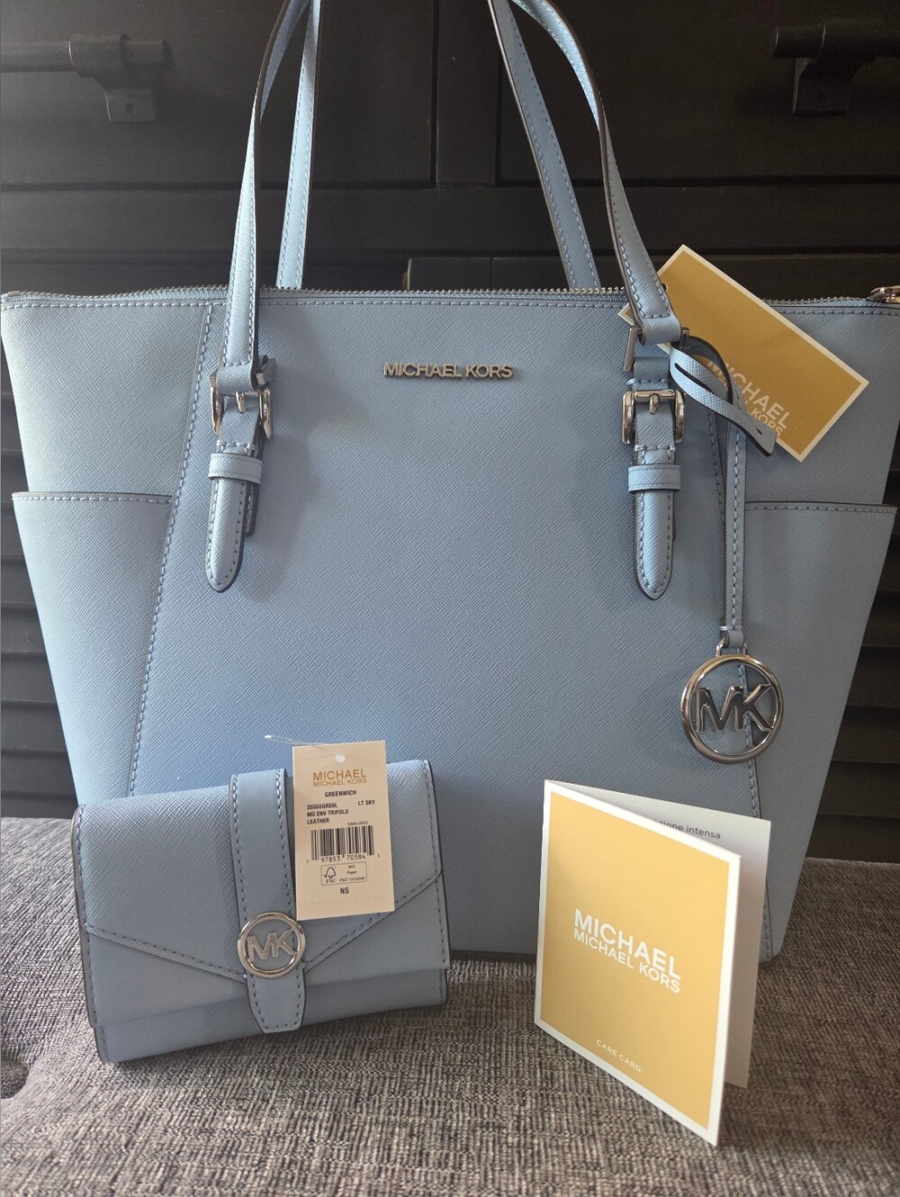 MICHAEL KORS Light Sky Blue Charlotte Large Leather Top Zip Tote and Wallet